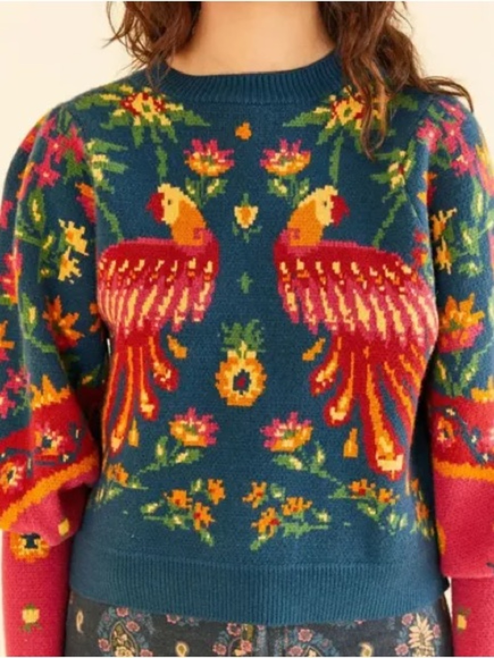 FARM Rio Teal Parrot Floral Crewneck Sweater with Pink and Yellow Accents